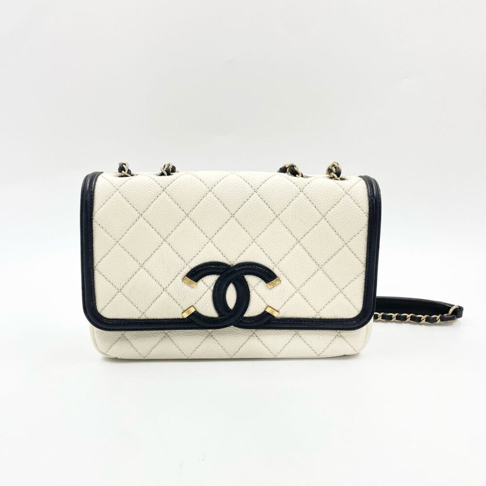 CHANEL White Black Caviar Quilted Small CC Filigree Flap